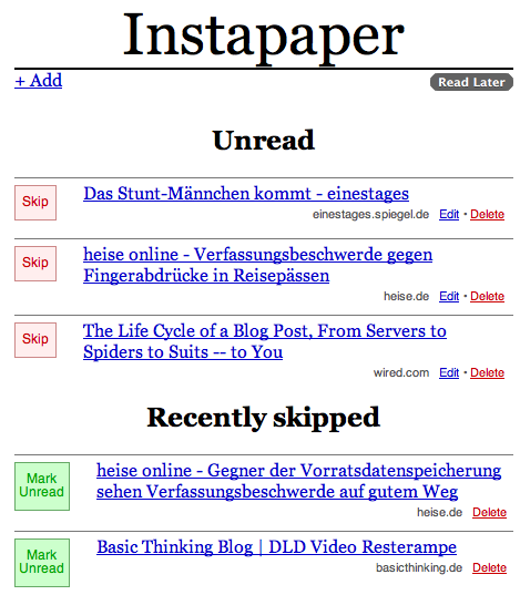 User Interface of InstaPaper - Drop Dead Simple - Cool.